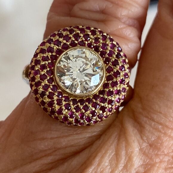 2.10 Carat Diamond Solitaire with 138 Rubies 18KYG Halo Ring - Picture 5 of 13